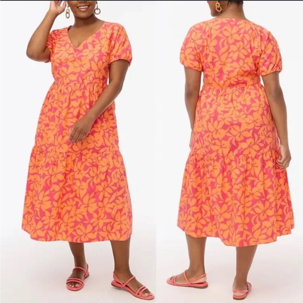 J Crew Size 2 Tiered Midi Dress Tropical Floral Pink Orange Vacation Casual